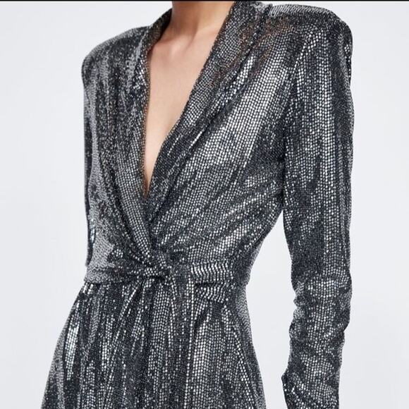 Zara Sequined Long Sleeve Gun Metal Romper - Picture 4 of 9